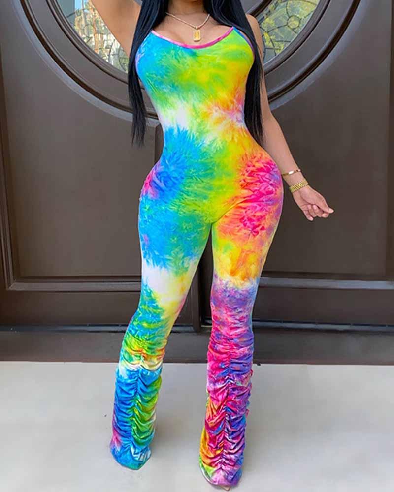Sleeveless Tie Dye Spaghetti Strap Bodycon Jumpsuit测试
